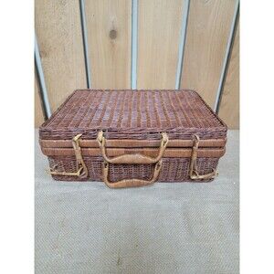 Vintage Wicker Rattan Picnic Basket Boho Storage Carry Case Basket